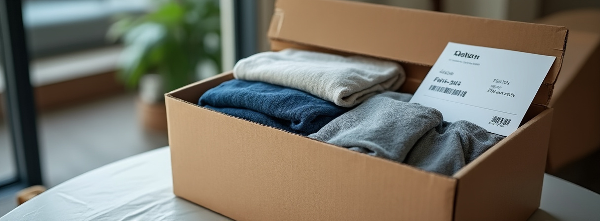 Paket mit Rücksendeetikett als Symbolbild für Retouren bei nicht passender Kleidergröße